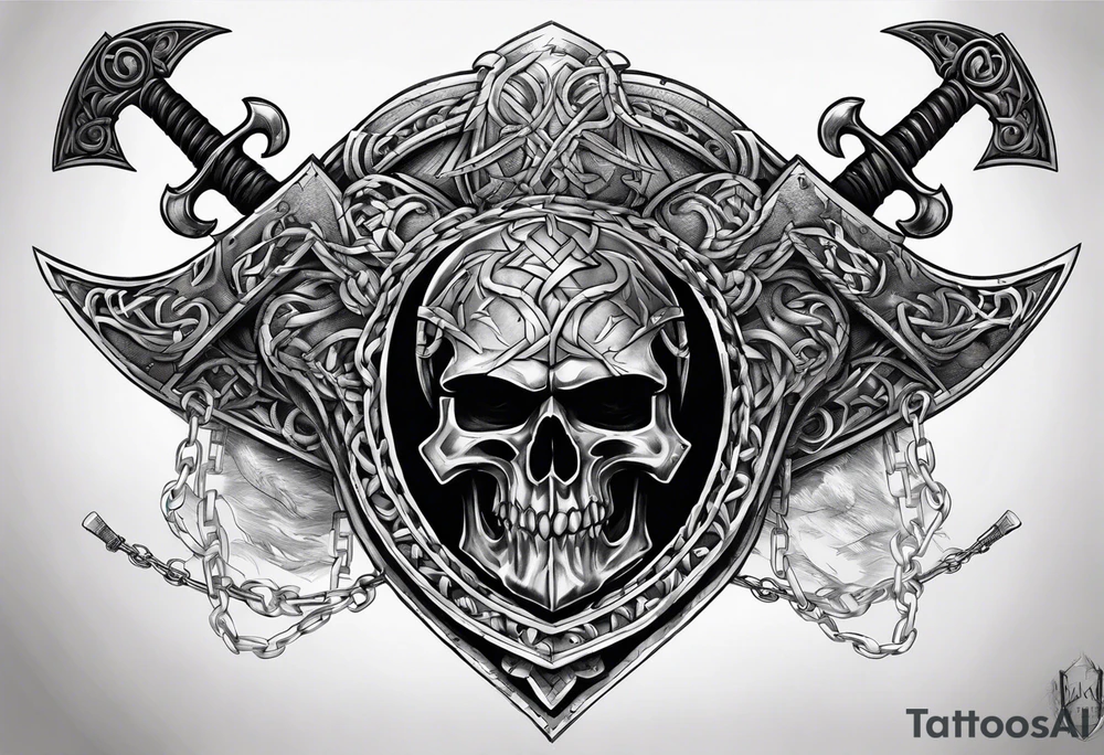 Valhalla sword shield axe barbed wire chains dark cloud tattoo idea