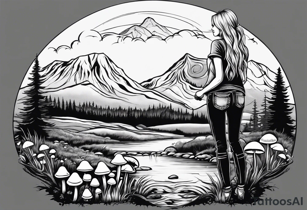 Straight long blonde hair hippie girl in distance holding mushrooms in hand facing away toward mountains and creek surrounded by mushrooms tee shirt and hiking pants; whole rendering within a full circle, no cut off circle tattoo idea