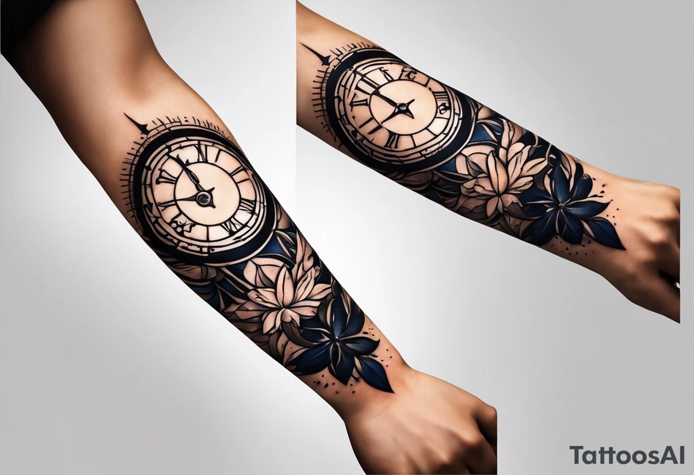 Create a tattoo design for a forearm that complements an existing 'carpe diem' scripted tattoo. The design should incorporate elements that symbolize the journey of life, achievements, and personal growth. Consider including symbols like a compass, the scales of justice, or abstract linework that represents life’s ups and downs. The style should be elegant, with a balance between detailed and minimalistic elements, ensuring it flows naturally with the existing tattoo. tattoo idea