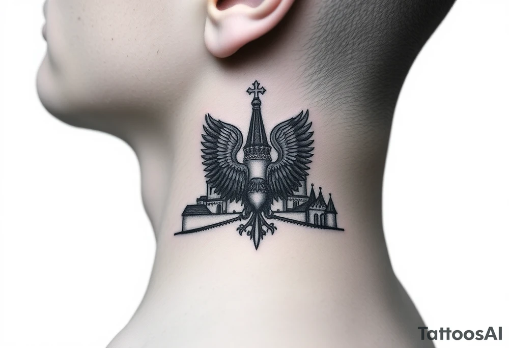 St. George 
3 russian imperial crowns above the Russian coat of arms double eagle
Russian sabre
The Kremlin or St. Basil's Cathedral scene 
on the side of my neck tattoo idea