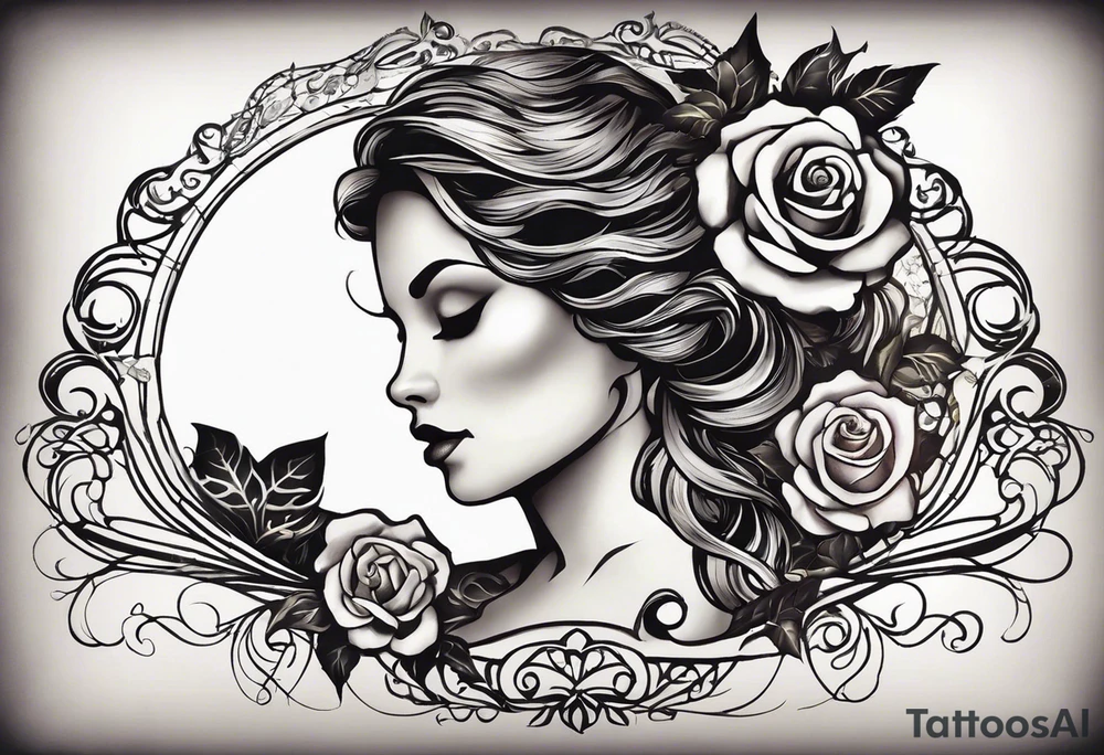 I want a left arm tattoo that starts halfway down upper arm and continuing about 3” past elbow. I want to use a pic of a face. I want the left half of person’s face to be a skeleton. I want long curls cascading from the head that wrap around elbow with roses with thorns intertwined in the curls. I would like a blood teardrop on the skeleton side of face. I would like a left hand with red polish on nails and a skeleton left hand with the pinky fingers of each hand to be interlaced. I can send a pic of the face. tattoo idea