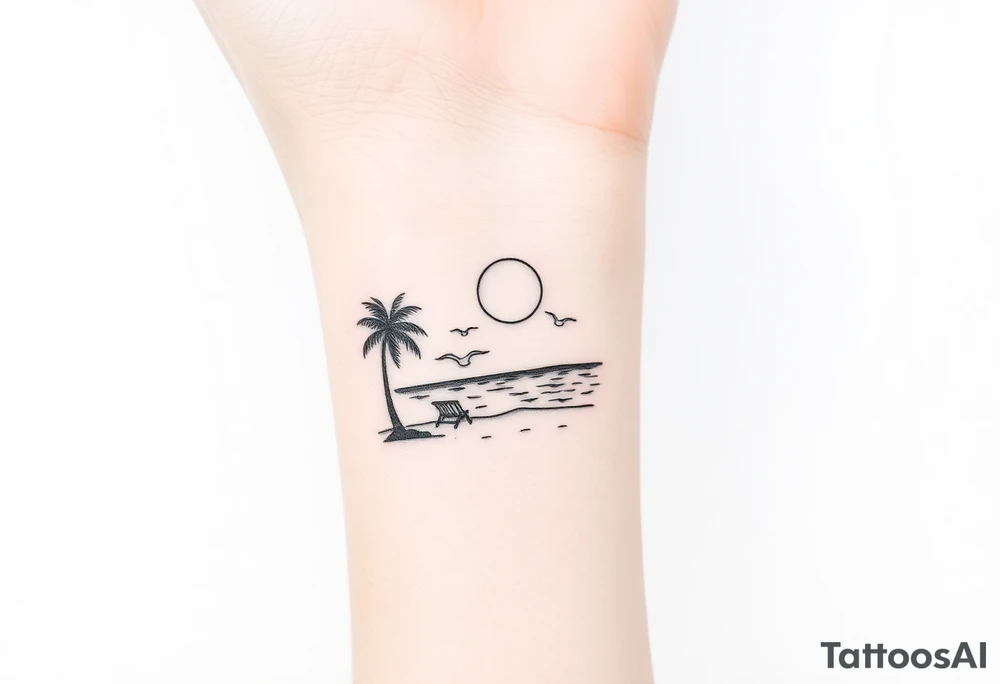 happy, peaceful, serene, timeless, ocean, sand, palm tree, seagulls, sun tattoo idea