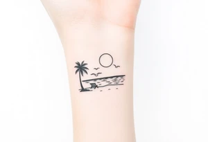 happy, peaceful, serene, timeless, ocean, sand, palm tree, seagulls, sun tattoo idea