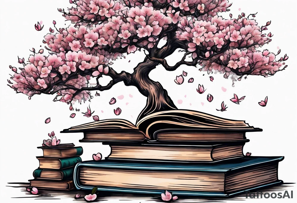 Cherry blossom tree growing out of a stack of books tattoo idea