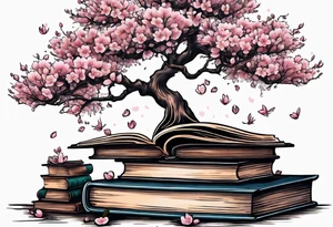 Cherry blossom tree growing out of a stack of books tattoo idea