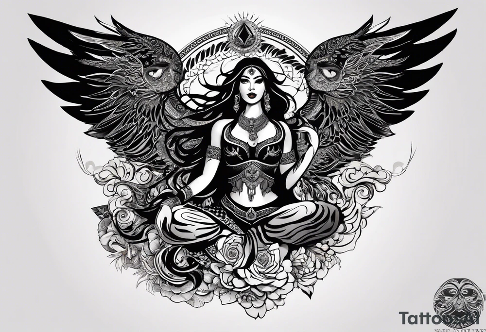 black kali, goddess pirate, alien, angel, pachamama, valkrye, warrior, flying, skull, lotus azul, wing, eagle, zenza resonance, stars, 5D, anahata chakra, death, durga, riding on a tiger, flying lady tattoo idea