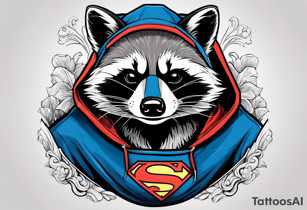 raccoon wearing a Superman hoodie tattoo idea