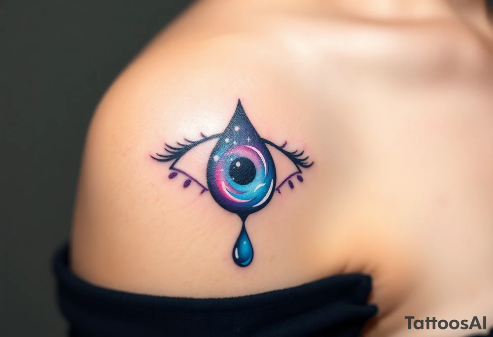 Teary eye with a dripping teardrop with a galaxy swirling inside, in a gradient from violet to indigo tattoo idea