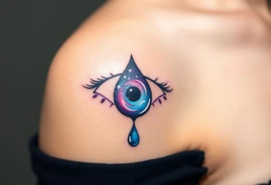 Teary eye with a dripping teardrop with a galaxy swirling inside, in a gradient from violet to indigo tattoo idea