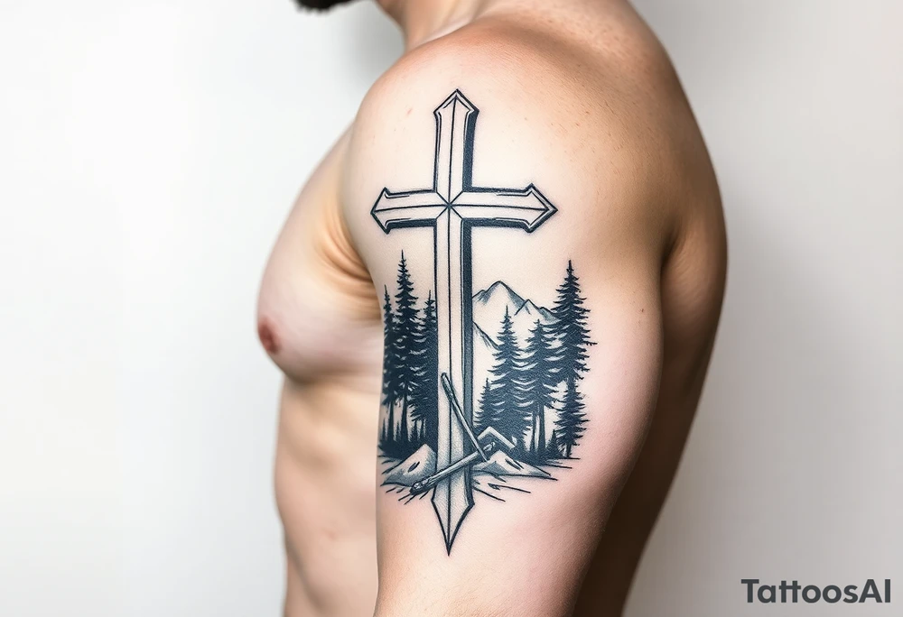 russian christian orthodox cross which is relatively small, with the diagonal line at the bottom with a light forrest with a light mountainous setting tattoo idea