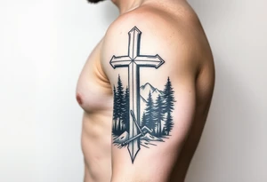 russian christian orthodox cross which is relatively small, with the diagonal line at the bottom with a light forrest with a light mountainous setting tattoo idea