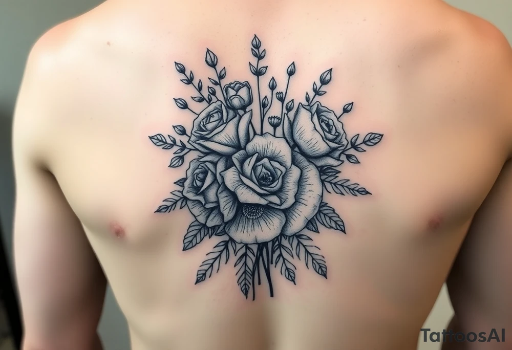 vintage bouquet of wild roses and meadow flowers with morning dew tattoo idea