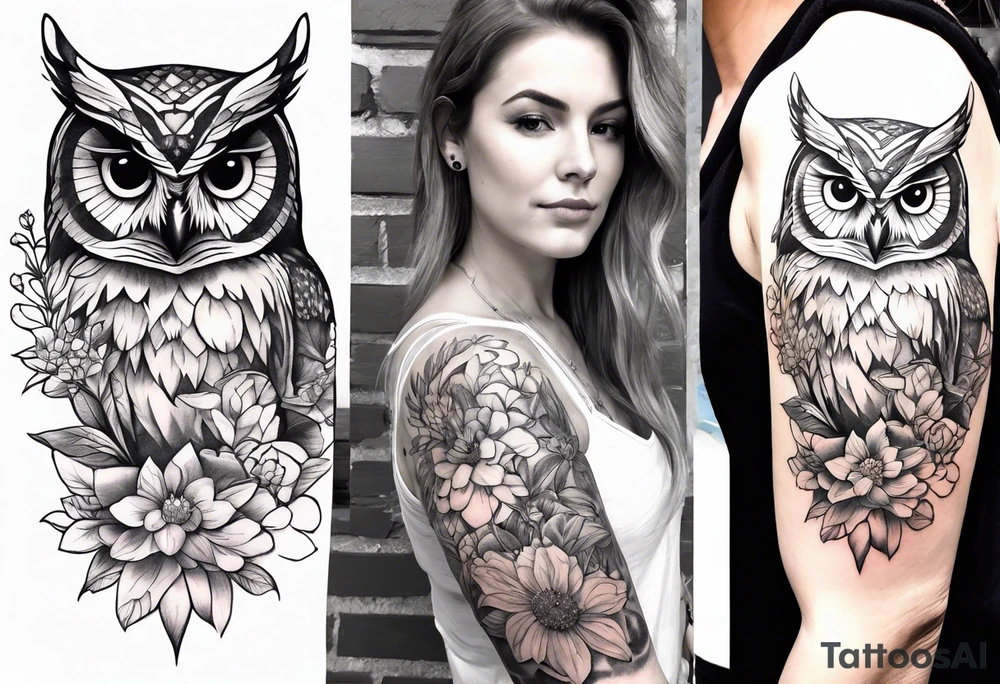 Owl and wildflowers and unicorn and warrior princess half sleeve tattoo idea