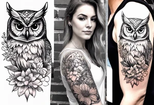 Owl and wildflowers and unicorn and warrior princess half sleeve tattoo idea