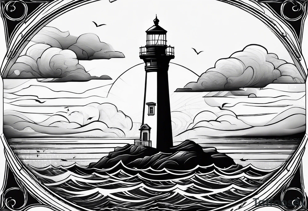maritime lighthouse partially hidden by its large fixed sail. calm sea reflection. tattoo idea