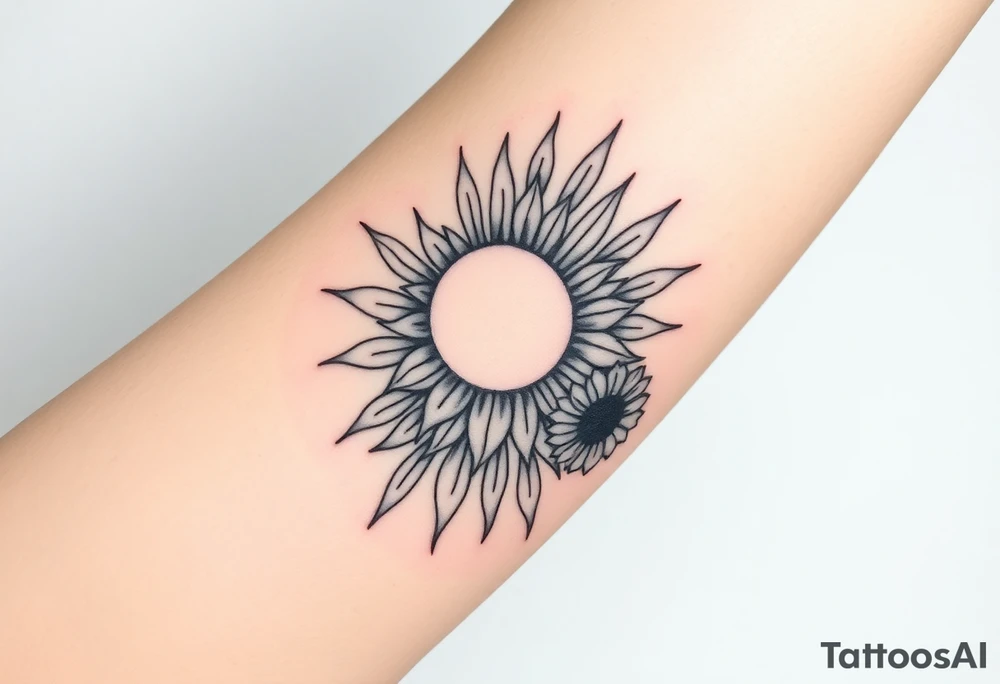 Shining Mystical sun with long  leaning sunflower sun tattoo idea