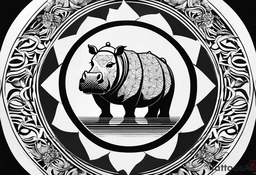 Very asymmetrical, +geometric pattern, with realistic full moon, with seeious looking hippo, +zen feel, + Buddhism touch, +tribal, +geometric
with wintersweet flower bud, +portrait orientation, +inkart touch, tattoo idea