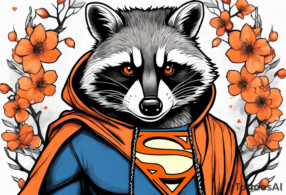 raccoon wearing a black and white Superman hoodie and orange Japanese cherry blossoms tattoo idea
