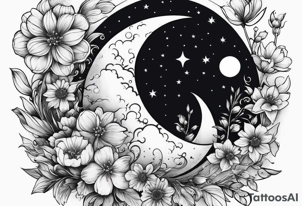 powerful moon and little flowers tattoo idea