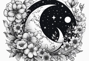 powerful moon and little flowers tattoo idea