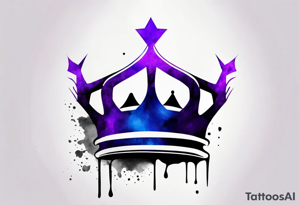 A tattoo of a minimalistic black crown and some negative space on a water color background of purple and blue. tattoo idea