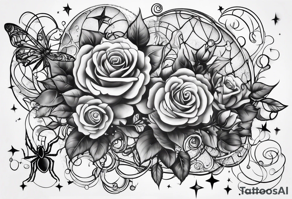 Spider bubbles roses stars tattoo idea
