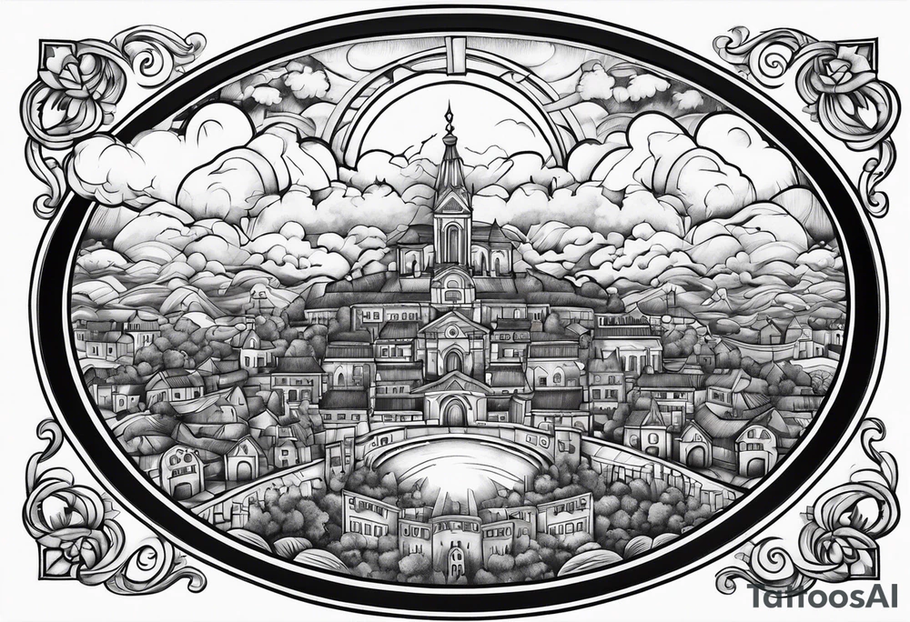 heaven town in circle surrounded by clouds tattoo idea