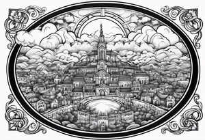 heaven town in circle surrounded by clouds tattoo idea