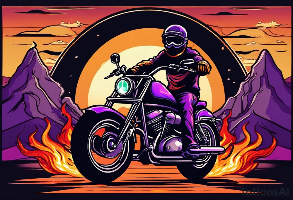 A single eyeball with arms & legs & a mustache riding a motorcycle with flames coming out the pipes. The rider should be face on and there should be a desert sunset scene in the background. Use greens and purples for the desert scene tattoo idea