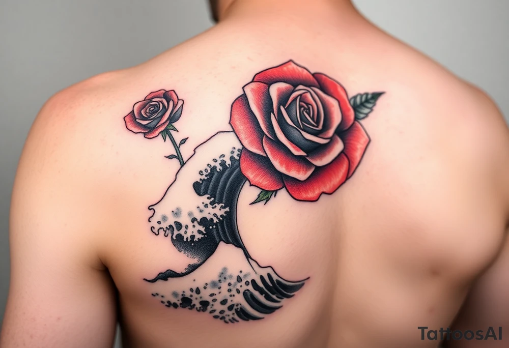 Arm tattoo of a beautiful red rose and incorporate the Great Wave off Kanagawa in black and white. tattoo idea