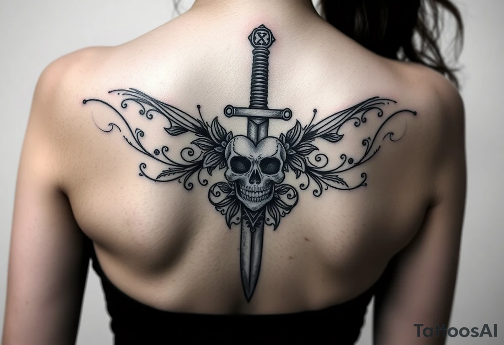 A long weathered guard sword going down spine with a skull heart tattoo idea