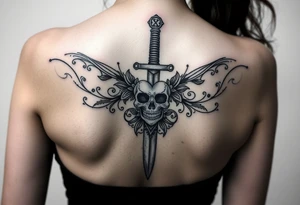 A long weathered guard sword going down spine with a skull heart tattoo idea