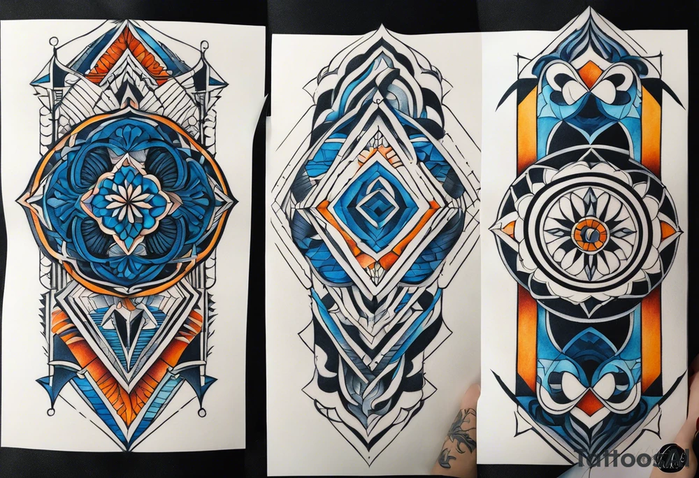 semi Detailed neo traditional knee tattoo flat on paper. The tattoo features geometric patterns and bold lines, creating a visually striking design with slight tints of deep fall colors. The background features deep blues and water swirls tattoo idea