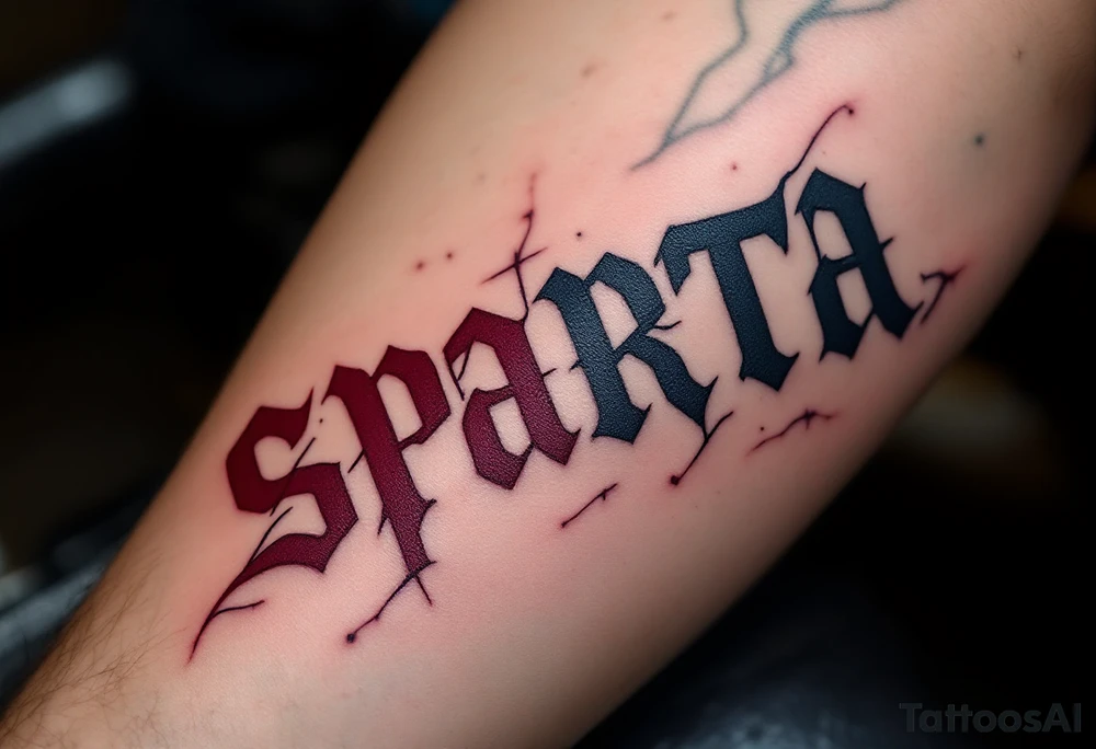 The word “SPARTA” written in Gothic script across the forearm, half in hockey red, half in football maroon. tattoo idea