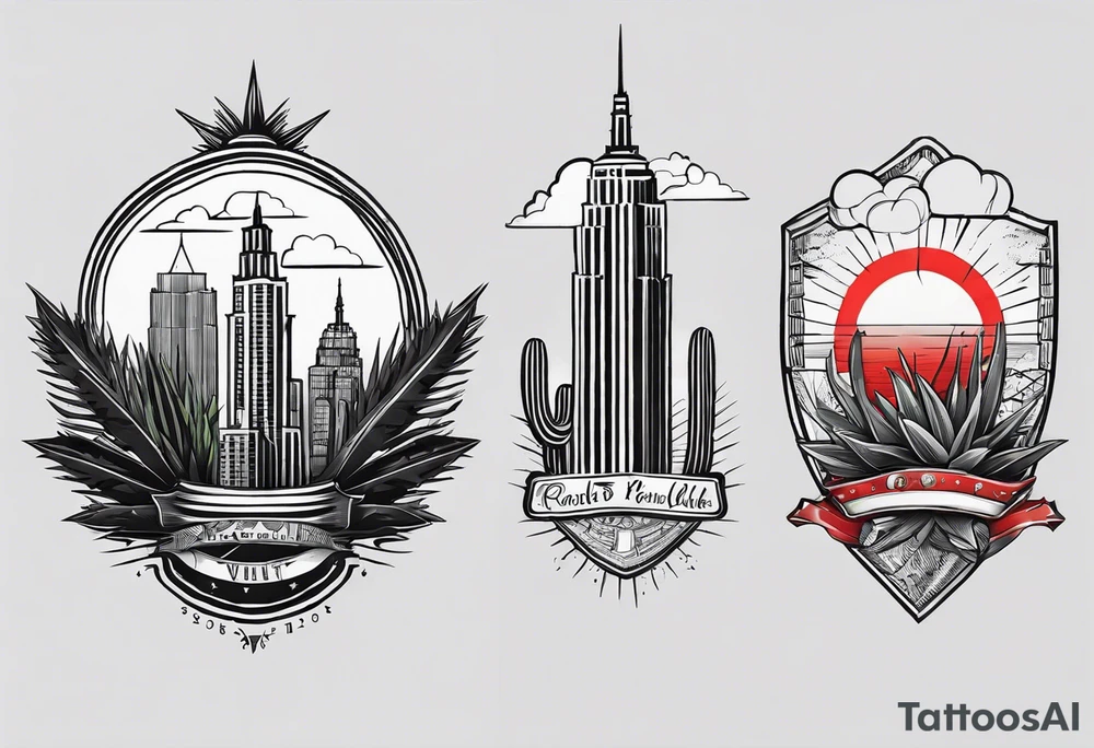 Crest with a hood on top,
13 rays of red and weld-yellow on the top half. NYC sky line
a cactus on the left side and a royal palm on the right side tattoo idea