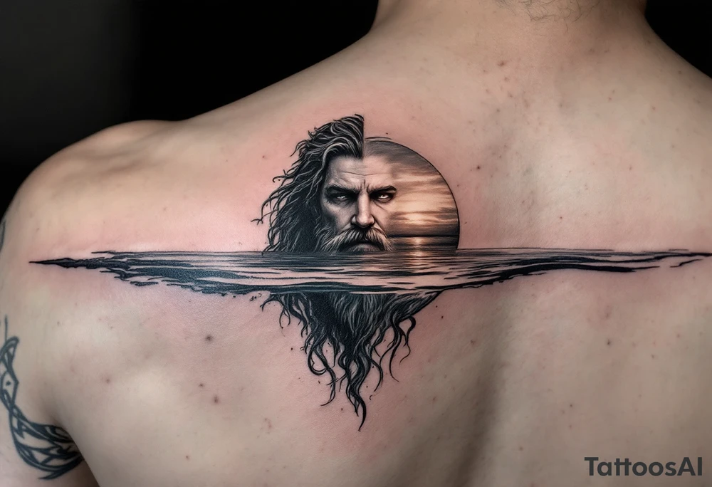 trident with Poseidon half way under calm water at sunset tattoo idea