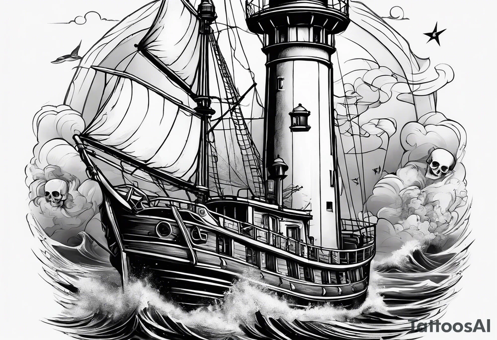 I want a lower leg sleeve with a ship, lighthouse, compass and a skull with a sailors hat on tattoo idea