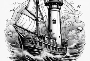 I want a lower leg sleeve with a ship, lighthouse, compass and a skull with a sailors hat on tattoo idea