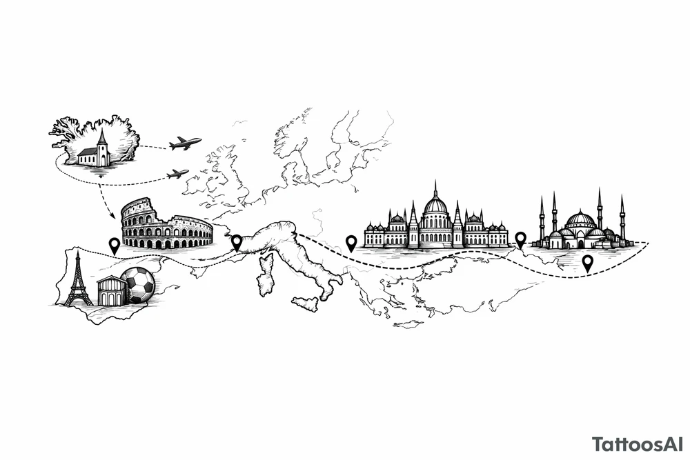 A football journey no crests
A fine-line world map or stylized route connecting Iceland ➔ Italy ➔ Spain ➔ Turkey ➔ Hungary ➔ France, with minimalist markers for each club. tattoo idea