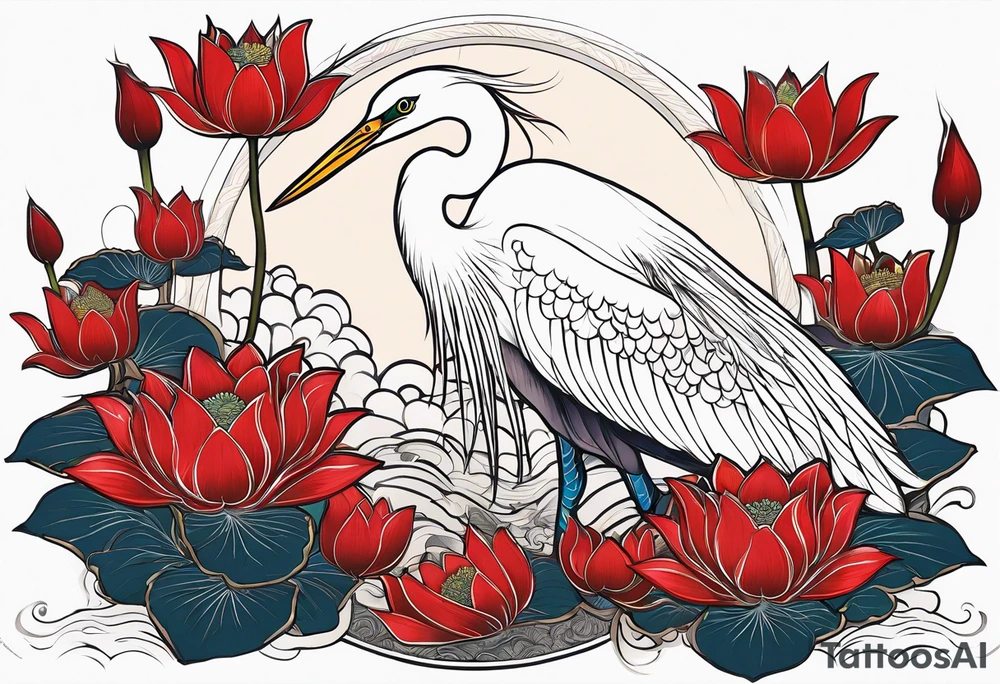 Egret and red lotuses tattoo idea