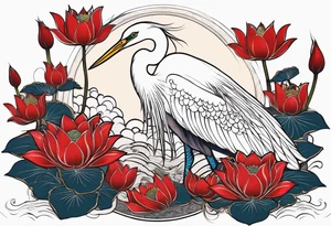 Egret and red lotuses tattoo idea