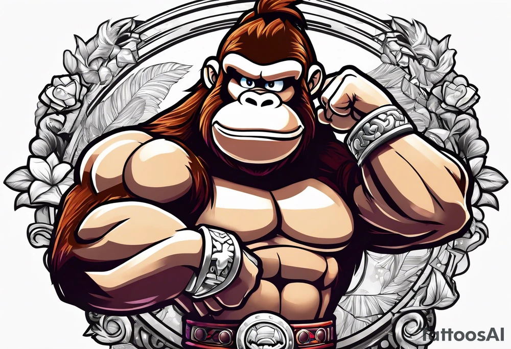 Donkey Kong flexing and holding up sexy Princess PeCh tattoo idea