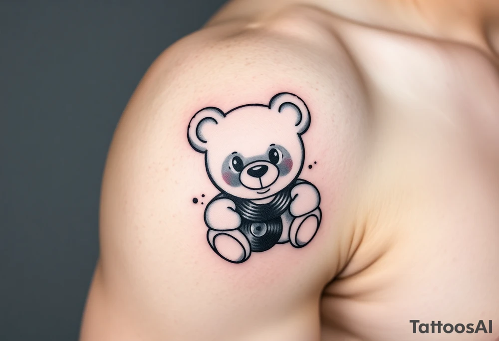 minimalist teddy bear with vinyl records as eyes smiling and sitting on a record tattoo idea