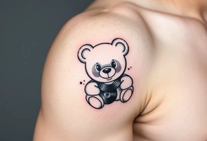 minimalist teddy bear with vinyl records as eyes smiling and sitting on a record tattoo idea