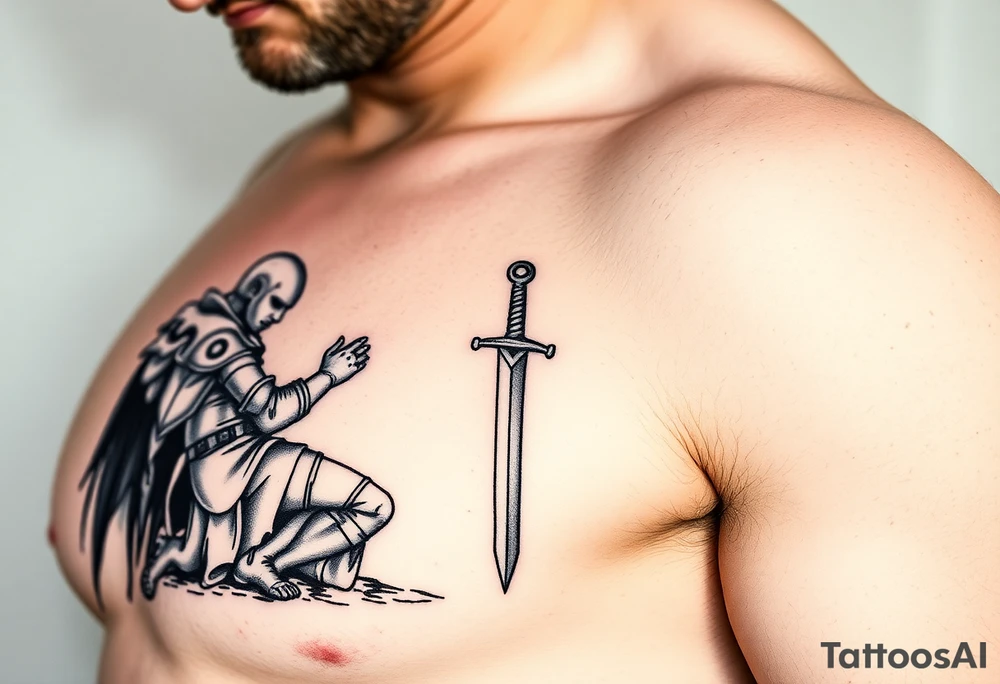Weary knight with sword praying on one knee tattoo idea