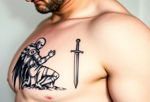 Weary knight with sword praying on one knee tattoo idea