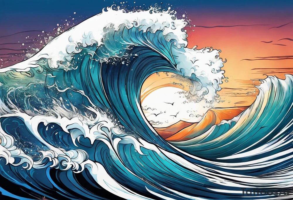 wave with "come what may" written underneath in cursive for forearm tattoo idea