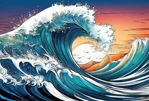 wave with "come what may" written underneath in cursive for forearm tattoo idea