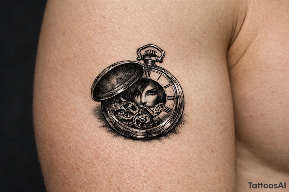 Victorian pocket watch, Margo's face peering from open lid, brass gears. tattoo idea