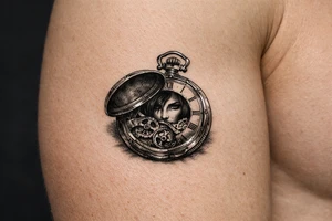 Victorian pocket watch, Margo's face peering from open lid, brass gears. tattoo idea